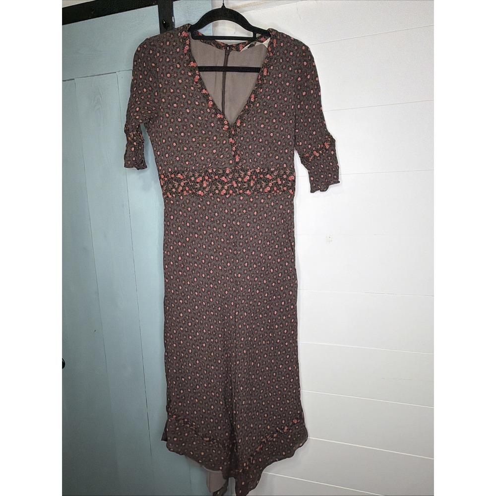J. Jill Dress Size 10 Boho Cottagecore Pink Brown Floral Zip V Neck